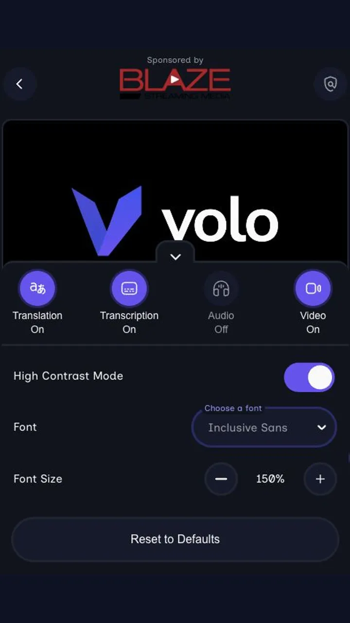 Volo attendee accessibility panel with High Contrast Mode enabled, Inclusive Sans selected, and caption size set to 150 percent