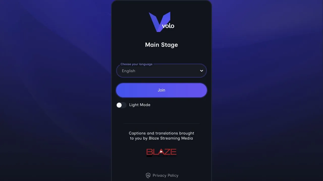 Volo attendee language selection screen for the Main Stage room