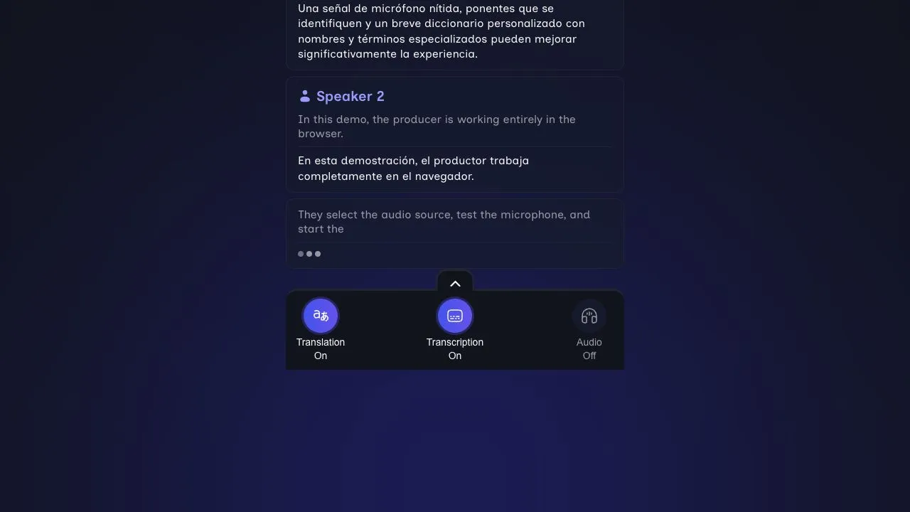 Volo attendee view showing English live captions translated into Spanish