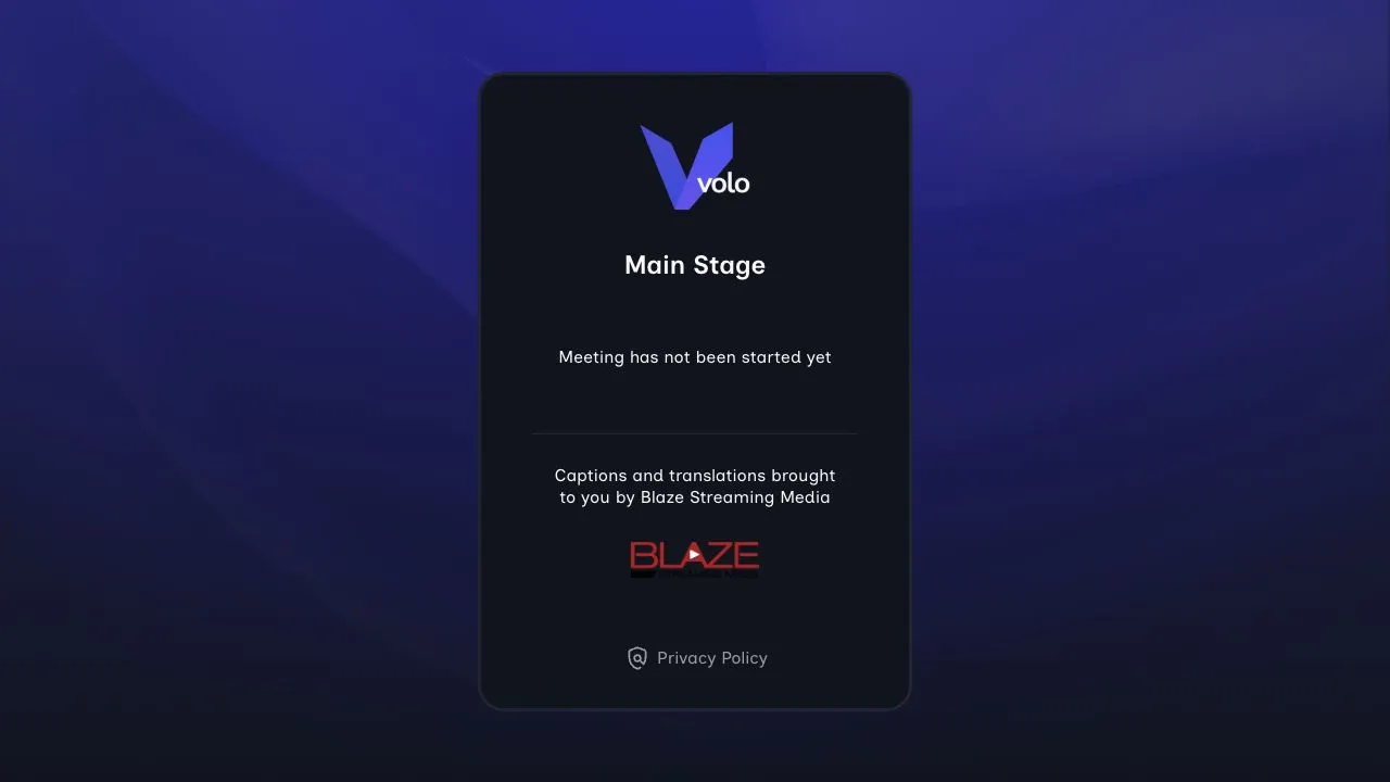 Volo attendee waiting screen for the Main Stage room with event and sponsor branding