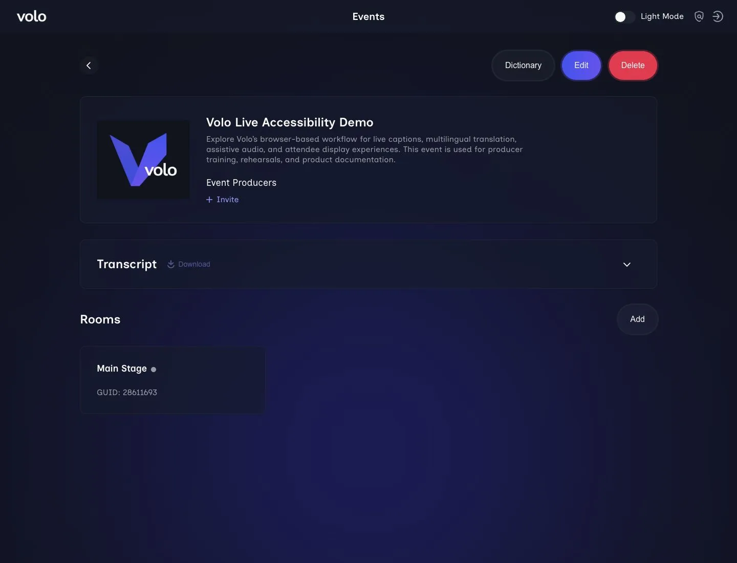 Event page showing the Volo Live Accessibility Demo details, transcript panel, and offline Main Stage room card