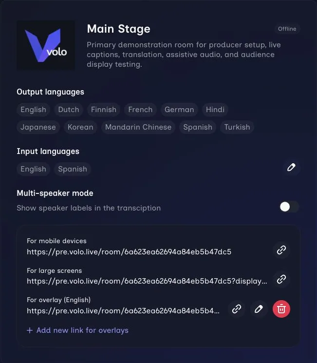 Room summary showing its name, offline status, output and input languages, and multi-speaker mode