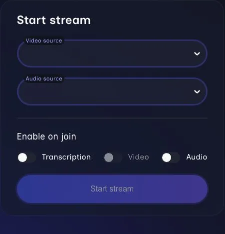 Start stream panel with video source, audio source, microphone test, attendee defaults, and Start stream button