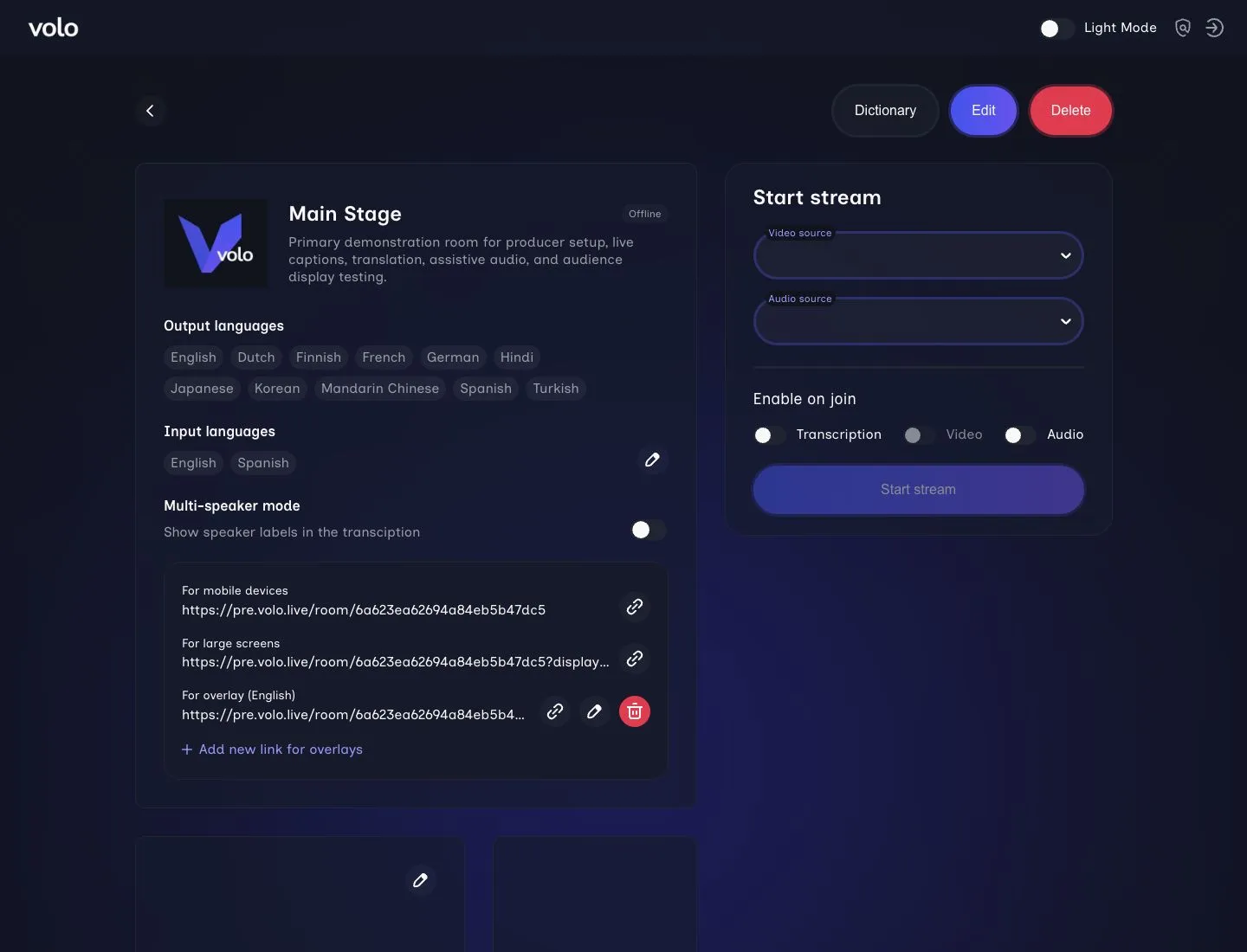 Producer room page showing room details, configured languages, audience links, overlay access, and browser-ingest controls