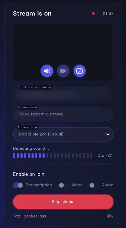 Volo Producer live stream panel with timer, source status, audio meter, attendee defaults, stop control, and packet loss